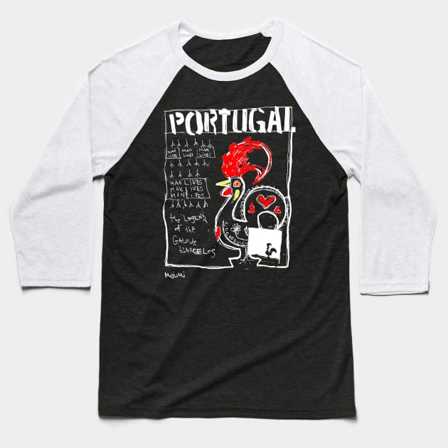 Portuguese Rooster Doodle White Baseball T-Shirt by Mijumi Doodles